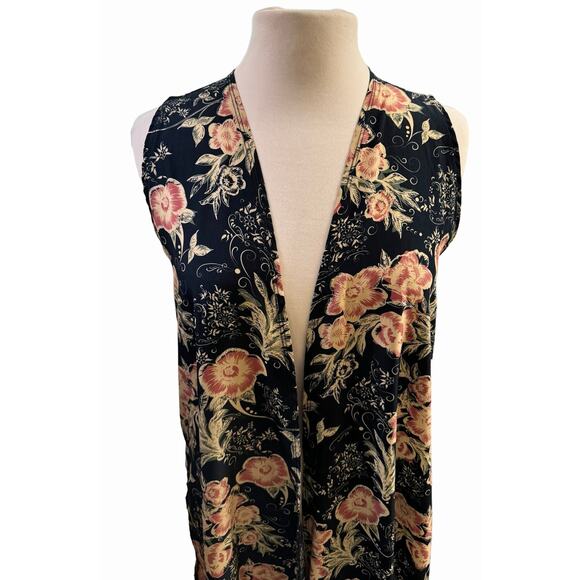 Floral Sleeveless Kimono Duster Wrap Navy Lightweight S Boho Flowy Semi Sheer - Picture 3 of 12